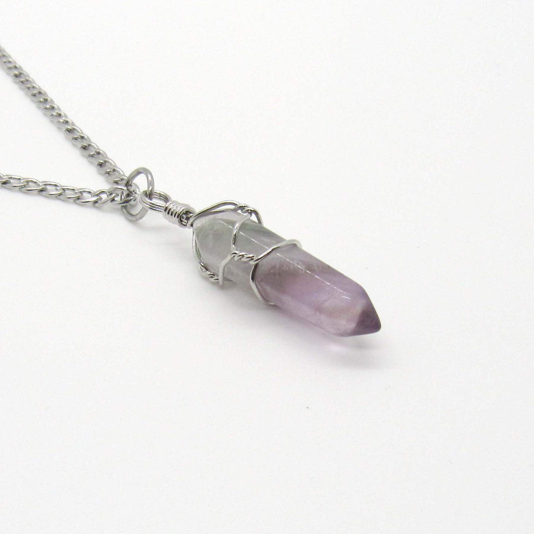 Amethyst Gemstone Pendant Necklace in Sterling Silver  Wire Wrapped 