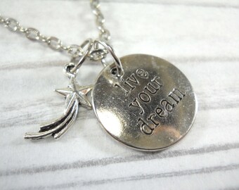Live Your Dream & Shooting Star Charm Necklace, Men's or Women's Necklace, Antique Silver Tone Chain, Faux Leather Cord, Suede Leather Cord