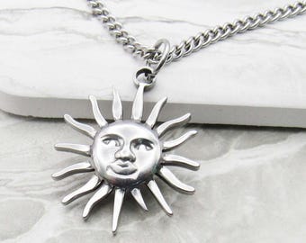 Stainless Steel Sun Burst With Face Pendant Necklace, Men's Necklace, 304 Stainless Steel Hypo Allergenic Jewelry, Woman's Necklace