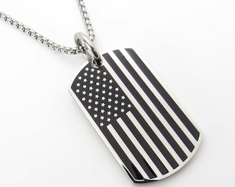 Stainless Steel Dog Tag American Flag Pendant Necklace, Men's Necklace, Patriotic Jewelry, American Flag Pendant, Women's Necklace