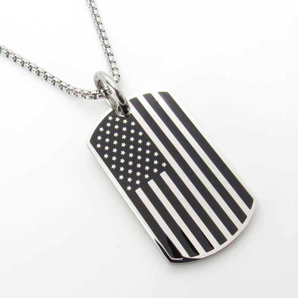 Stainless Steel Dog Tag American Flag Pendant Necklace, Men's Necklace, Patriotic Jewelry, American Flag Pendant, Women's Necklace