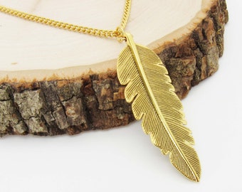 Antique Gold Feather Pendant Necklace, Bird Feather Pendant, Nature Jewelry,  Necklace for Women, Woman's Necklace, Men's Necklace