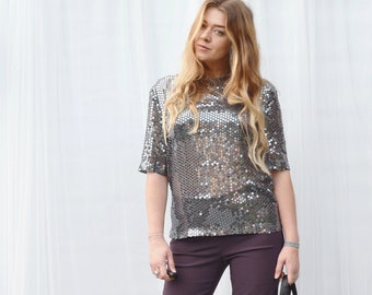 Vintage 90s Grey Semi Sheer Sequin Top