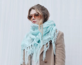 Vintage 70s Pastel Blue Crochet Tassel Poncho Scarf