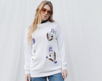 Vintage 80s White Knit Floral Jumper