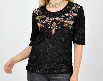 Vintage 80's Black Sequin Embellished Trophy Top