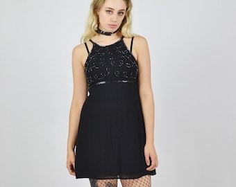 Vintage 90s Black Chiffon Sequin Dress