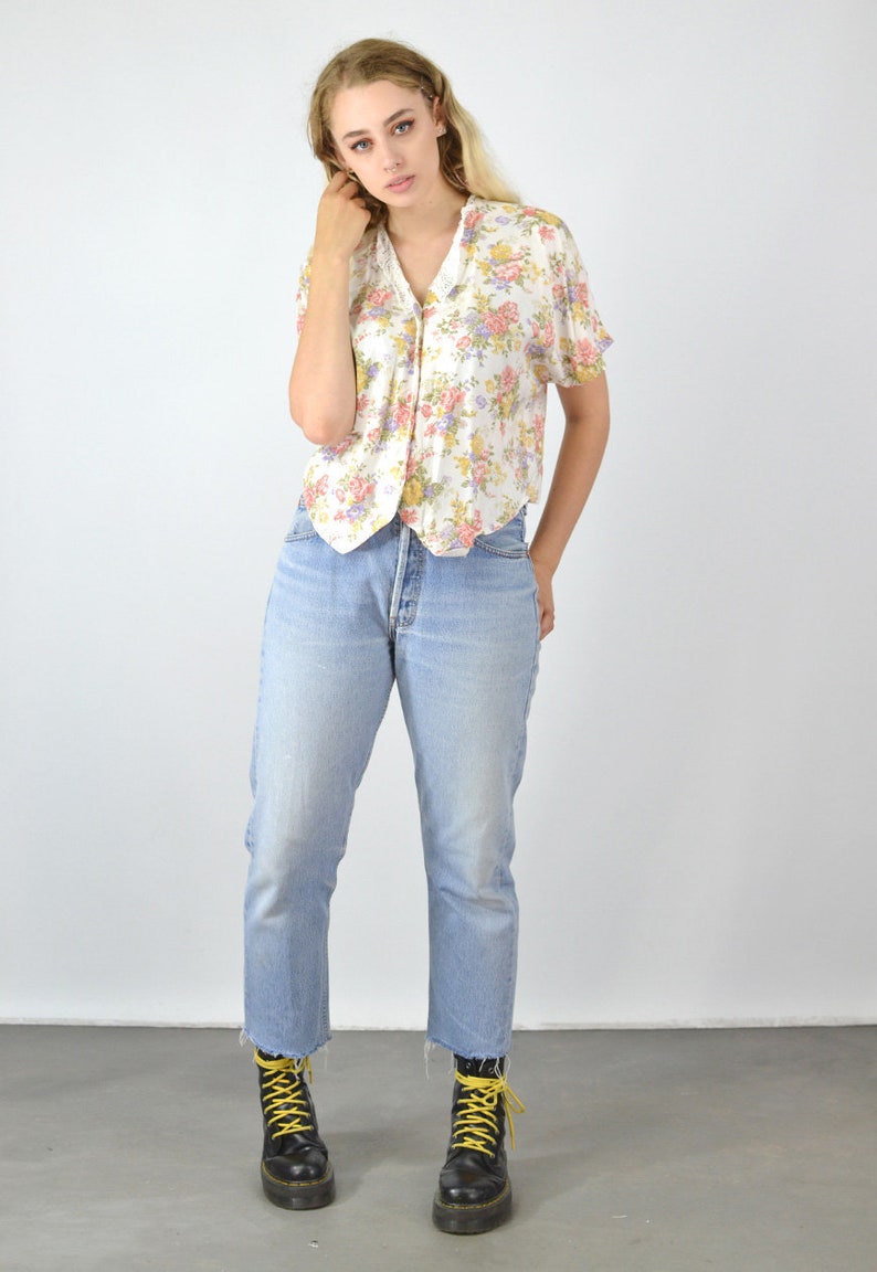 Vintage 80/'s White Floral Print Lace Collar