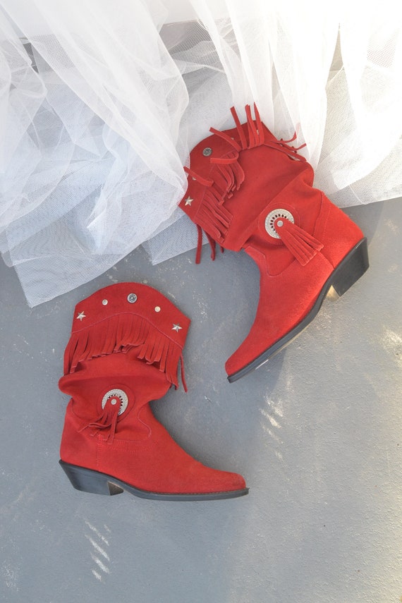 Vintage 80s Red Suede Tassel Studded 