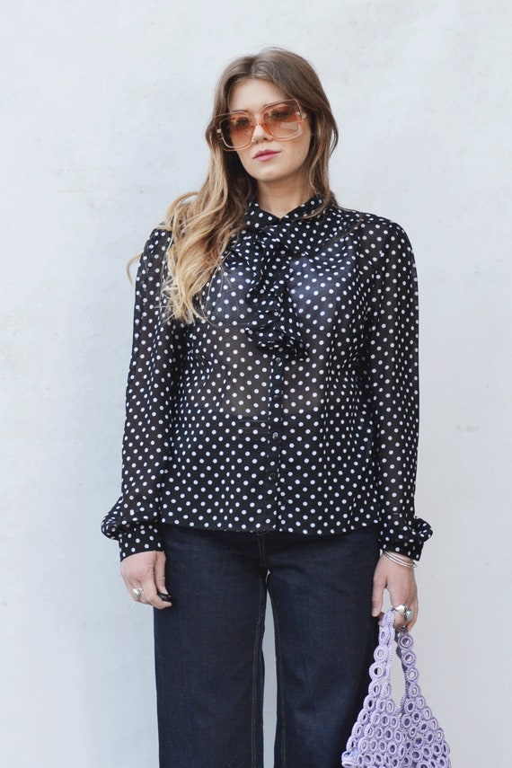 Vintage 80s Black/ White Polka Dot Ruffle Blouse - image 2