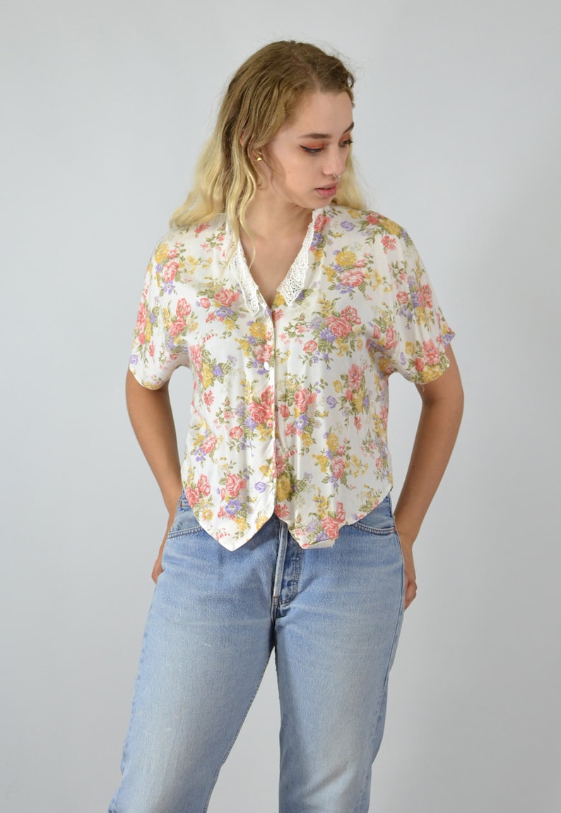 Vintage 80/'s White Floral Print Lace Collar