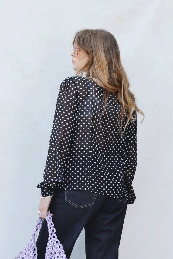 Vintage 80s Black/ White Polka Dot Ruffle Blouse - image 5