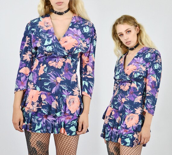 Vintage 80's Bright Floral Print Dress
