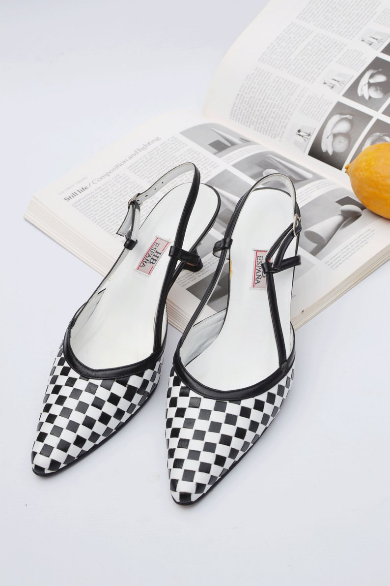 vintage Y2K Noir / Blanc à carreaux Chaussures pointues à bride arrière image 6