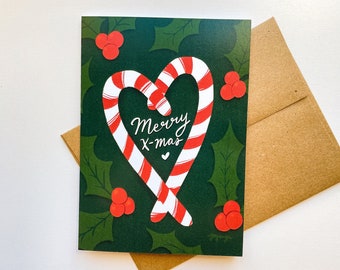 Merry Xmas Heart Candy Cane - Holiday Greeting Card