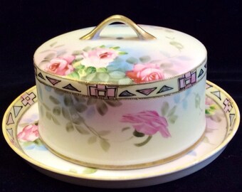 Hand Painted Art Nouveau & Floral Butter/Cheese Dish, Moriage/Beaded Gold Detail, Nippon, Maple Leaf Stamp C. 1891 - 1915