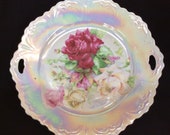 Pierced Double Handle Cake Plate, Opalescent Glaze, Pink and White Rose Transfer, Grener Herda (G H) Bavaria C. 1900