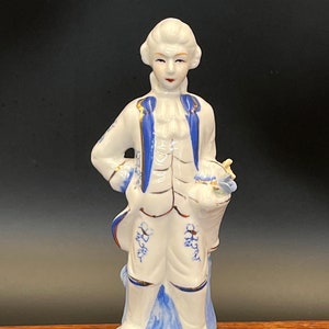 Figurine, Blue and White, Gold Detail, Victorian Man with Flowers, circa 1950s