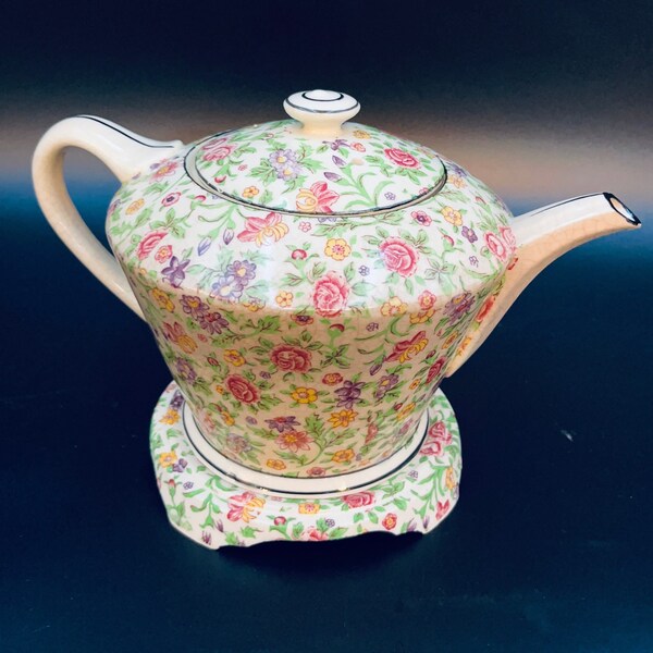 1920's Chintz Teapot With Matching Trivet. Made In Japan. Spring Flower Pattern. Marked Hand Painted Japan