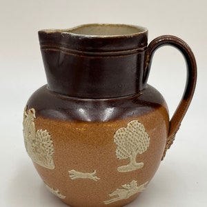 Pitcher, 4.5&quot; Tall, Royal Doulton, Earthenware Pottery, Scenes in Relief, c. 1945 - 1960
