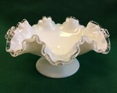 Fenton Silvercrest White Glass With Clear Ruffle Ribbon Edge Pedestal Candy Dish C. 1960 39 s