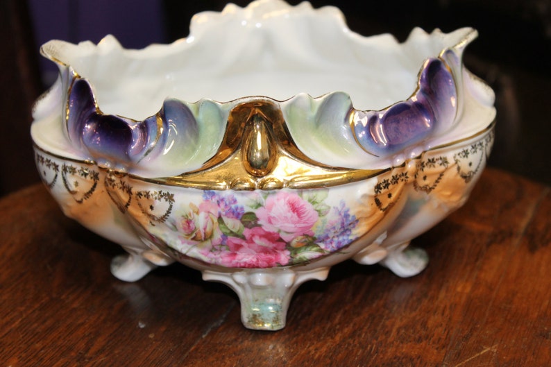 Circa 1900 German Transfer 14K Gold Footed Server Dish Porcelain