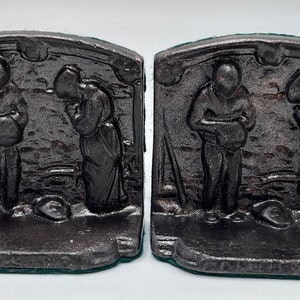 Cast Iron Bookends, &quot;The Angelus&quot; Prayer at Harvest, c. 1920s-1930s