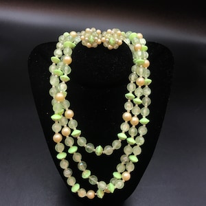 Three Strand Necklace, Earrings, Made In Hong Kong, Green, Yellow, Made In 1950&#39;s