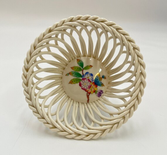 Herend Hungary Basket, Porcelain Open Weave, Hand Painted