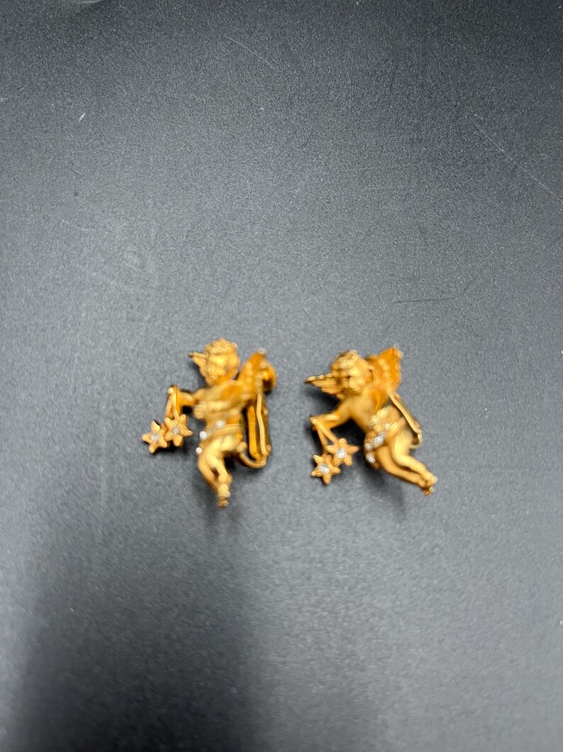 Signed Coro Gold Tone and Stars with Multiple Rhinestones on Winged Cherub Angel Clip on Earrings c. 1950 image 8