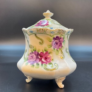Nippon Biscuit Jar, Hand Painted Lidded Jar, 24 Karat Gold Detail, Moriage, Floral Motif, Circa 1910