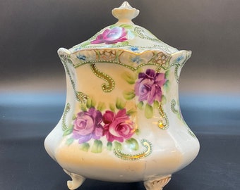 Nippon Biscuit Jar, Hand Painted Lidded Jar, 24 Karat Gold Detail, Moriage, Floral Motif, Circa 1910