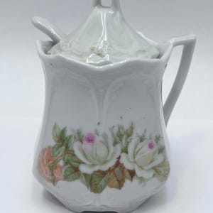 Mustard Pot/Jar with Spoon - Germany, White/Pink Roses, Transfer Ware, c. 1900 - 1910
