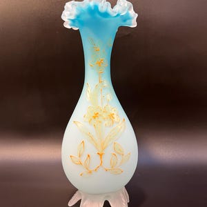 Blue Satin Glass Vase, Hand Painted Orange Enamel Flowers, Hand Blown, Ruffled Edge, c 1900