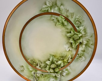 Tressemanes & Vogt Hand Painted 12" Plate Hreen foliage Double Gold Rim Signed "Livingston" Limoges, France c. 1892-1907