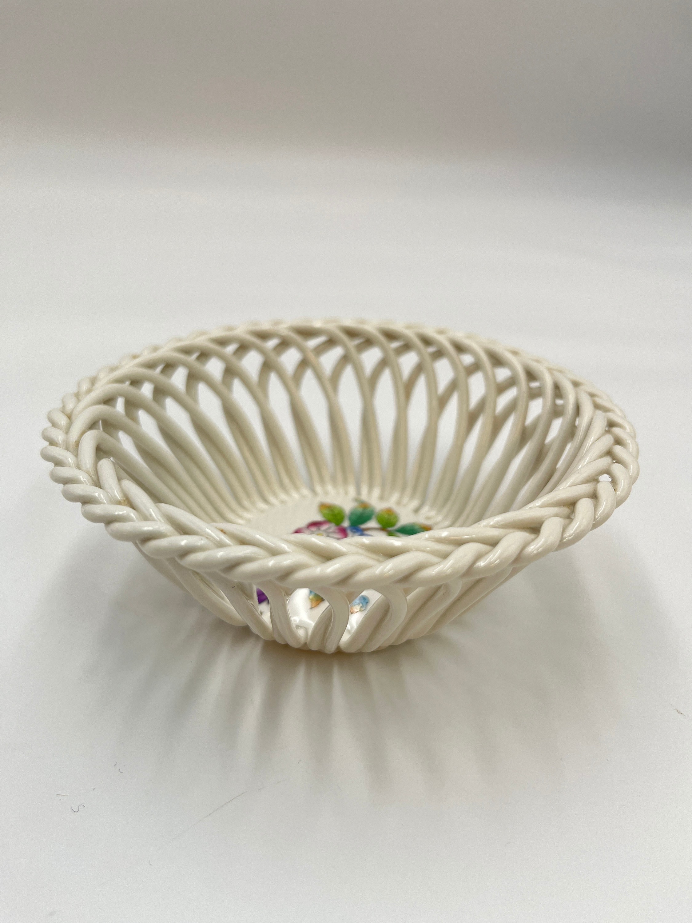 Herend Hungary Basket, Porcelain Open Weave, Hand Painted Herend Hungary Basket, Porcelain Open Weave, Hand Painted