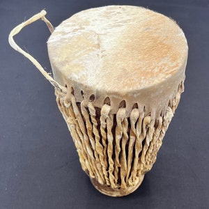 1960&#39;s African Timbale Drum Goat Hide/Fur Hollow Wooden Bark