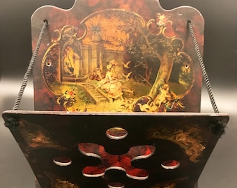 Victorian Wall Magazine Holder, Expandable Hand Painted Wood & Paper, Wall Hanging, C.1870