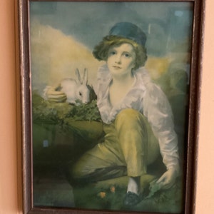Lithographie, &#39;Boy and Rabbit&#39;, geschnitzter/bemalter Holzrahmen, Sir Henry Raeburn, circa 1925