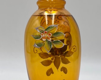 Boho amberglazen vaas met de hand geëmailleerd bloemdetail gouden rand