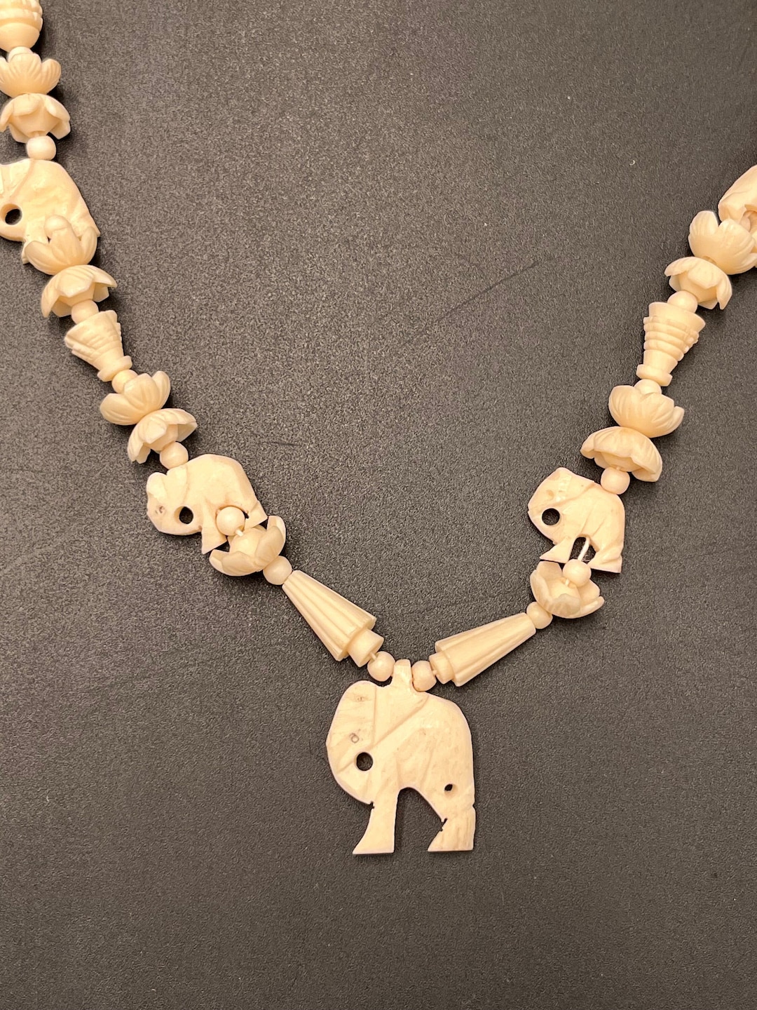 Elephant Necklace, Carved, Beaded