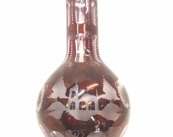 Cut To Clear Ruby Red Glass Egermann Decanter, Frosted Forest/Deer/Elk and Building Design With Swirls And Circle Detail,  C. 1880
