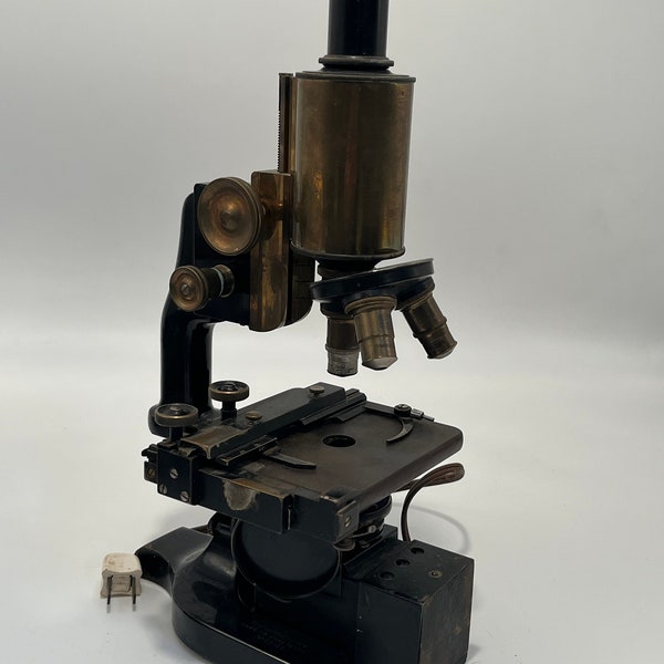 Brass Spencer Microscope, #75466, 3 Lens, Light Box - Buffalo, NY c. 1930s