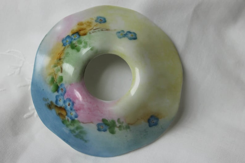 Porcelain Hair Receiver Circa 1900-1910 RS Germany Hand Painted with Muted Shades of Blue Green and Pink