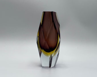 Mandruzzato Murano Vase, 8 Sided Tri Color Vase, Faceted, Purple Yellow, 7.5" Clear Heavy Glass Vase, Made In Italy, Circa 1960's