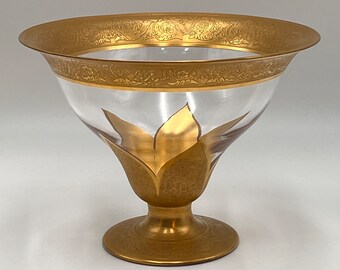 Cuenco de compota con pedestal, cristal Tiffin, incrustaciones de oro, c. década de 1920