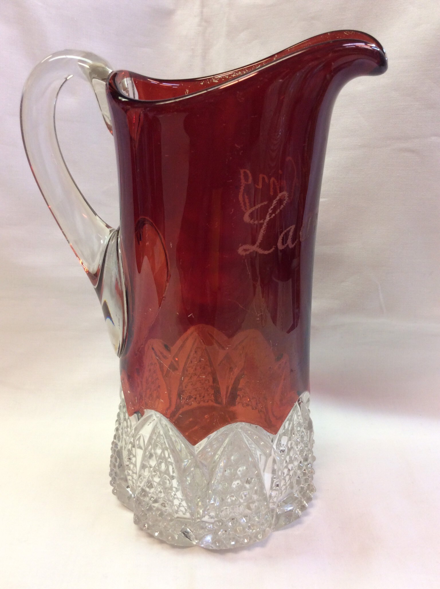Ruby Pitcher Ruby Red Flash Etched Souvenir Pitcher With Applied Clear Glass Handle ...