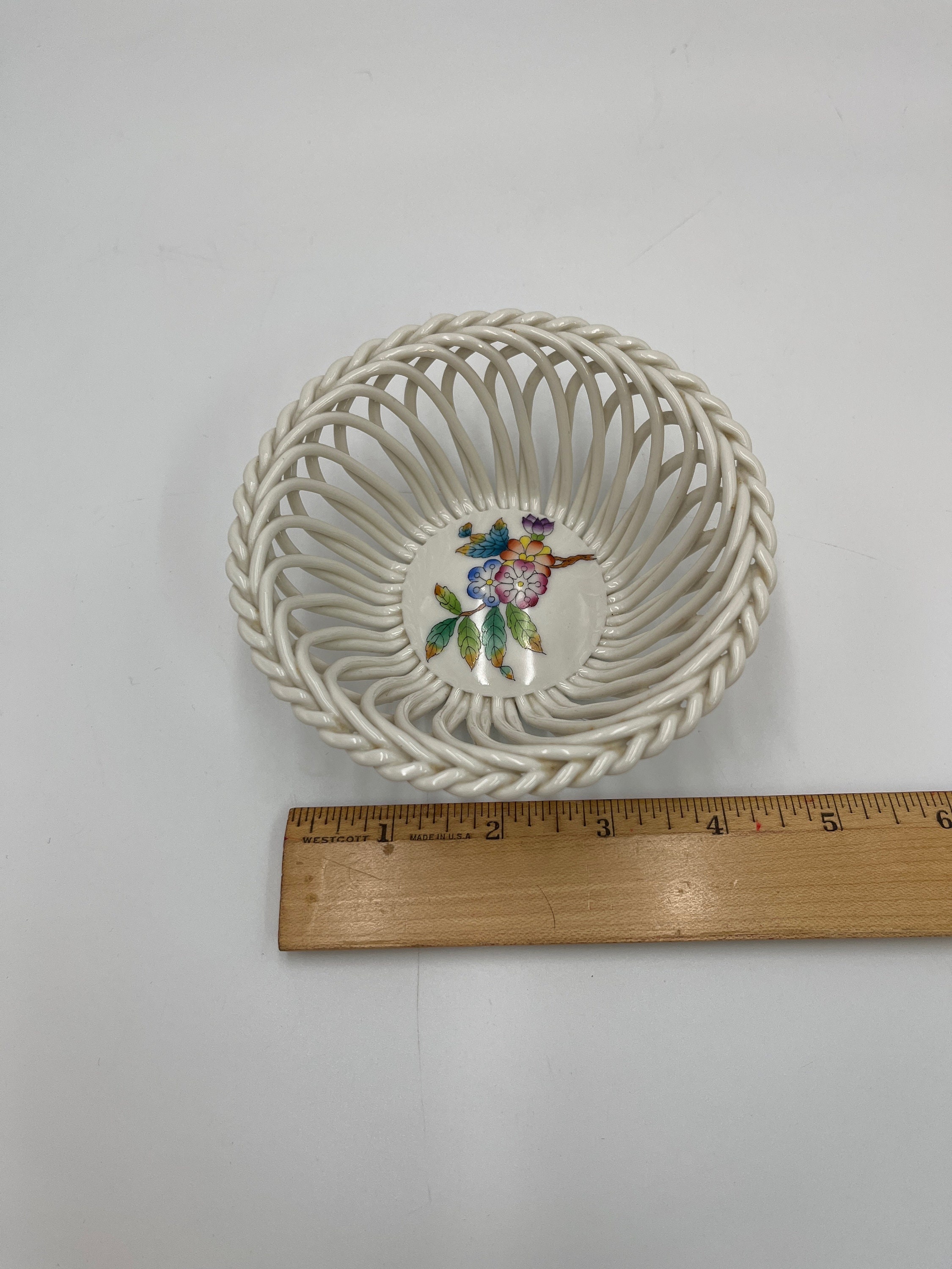 Herend Hungary Basket, Porcelain Open Weave, Hand Painted Floral