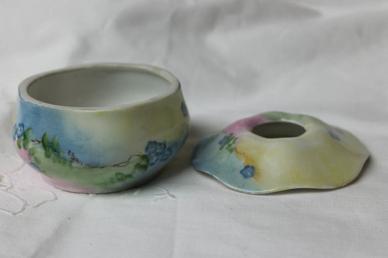 Porcelain Hair Receiver Circa 1900-1910 RS Germany Hand Painted with Muted Shades of Blue Green and Pink