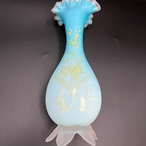 Blue Satin Glass Vase, Hand Painted Yellow Enamel Flowers, Hand Blown, Ruffled Edge, c 1900